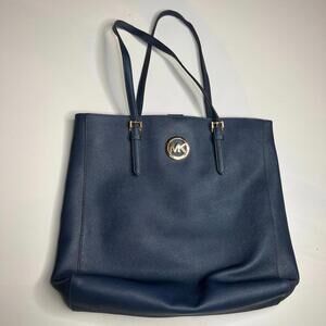 Michael Kors Jet Set Tote Bag Navy Blue Saffiano Leather Gold Logo